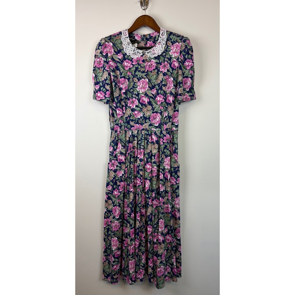Stuart Alan Floral Midi Dress 12 Navy Pink Vintage 90s Lace Collar Cottagecore